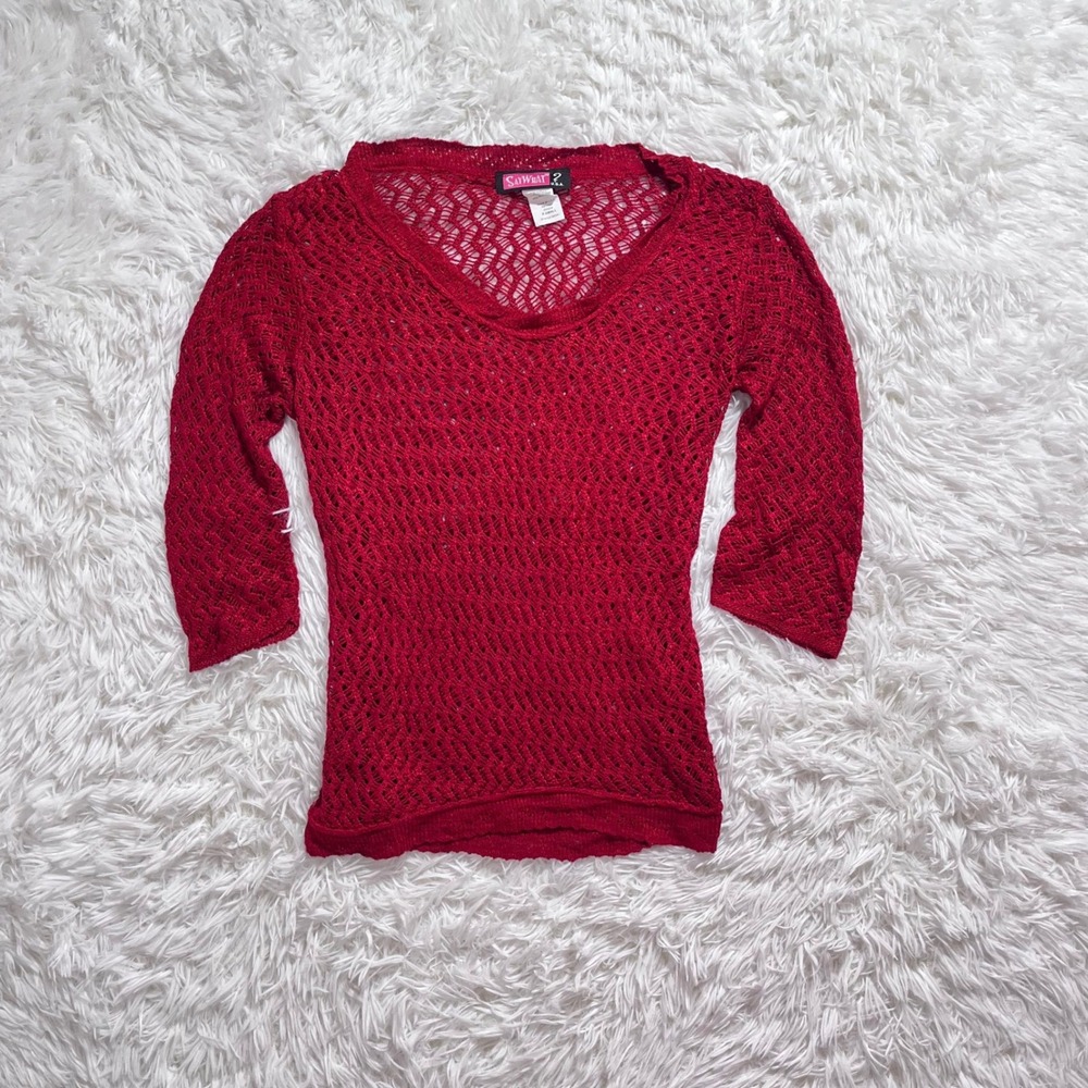 y2k red crochet knit sweater slouchy top xs